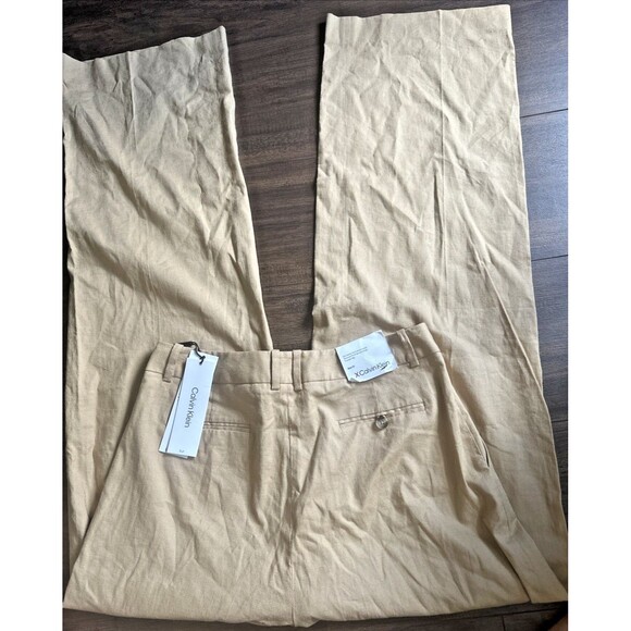 Calvin Klein Women's Linen Blend Pants Trendy Pleated Wide Leg Trouser Tan 10 - Picture 9 of 9